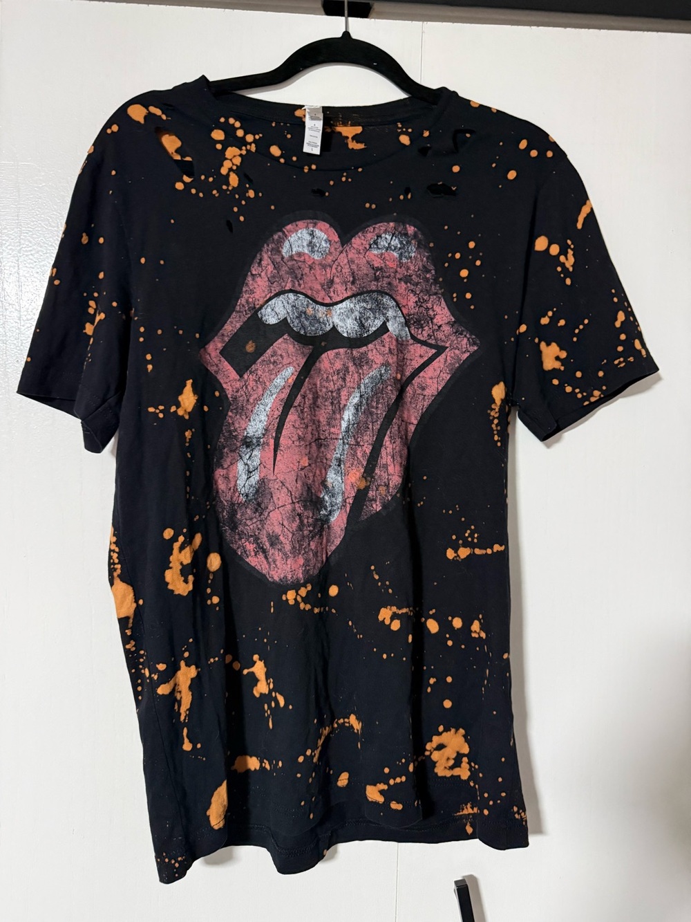Bella Canvas Custom Rolling Stones Black Tee with Orange Bleach Splatter